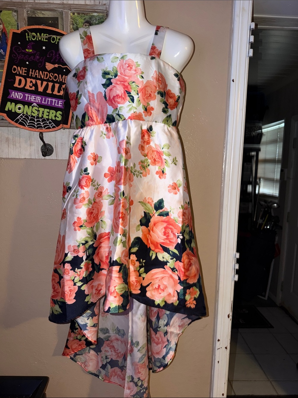 BNWOT Poppies and Roses High-Low Girls Dress — Coral Pink & Navy Size 16